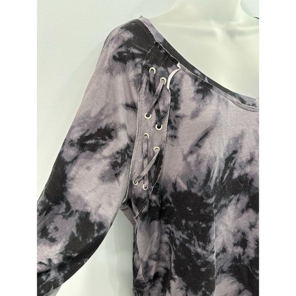 Mudd Tie Dye Lace Up Long Sleeve Top Gray Black Size Large Boho Grunge - Picture 4 of 10